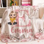 Personalized Pink Floral Cartoon Character Soft Throw Blanket with Initial and Name Home Decor Birthday Christmas Gift for Boys Girls Family