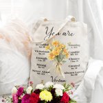 Personalized Birth Flower Bouquet Bible Verse Canvas Tote Bag with Name Inspirational Christmas Birthday Christian Gift for Women