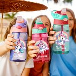 Personalized Rainbow Castle Fantasy Unicorn Design 16 oz Kid Water Bottle with Straw and Name Birthday Christmas Back to School Gift for Girls