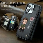 Personalisierte Leder Cartoon-Figur Handyhülle mit Geburtsblume und Namen iPhone Hülle mit Klappbarem Karten- und Geldscheinfach Geburtstag Geschenk