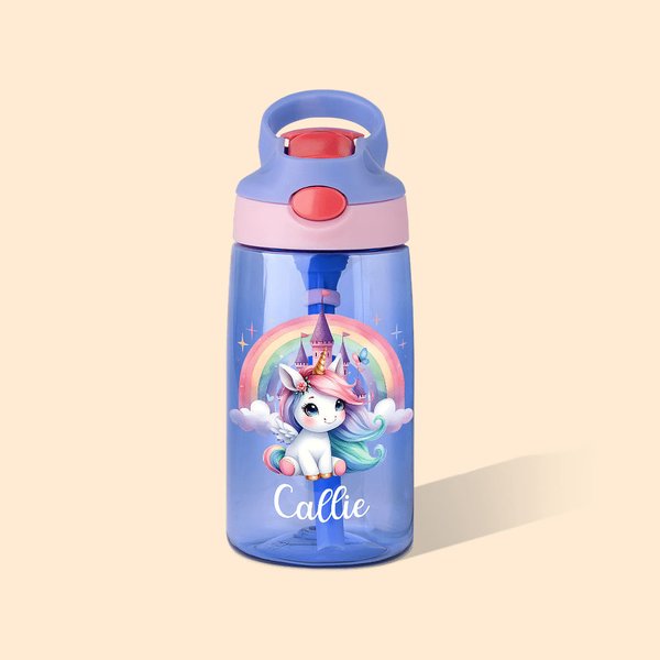 Personalized Rainbow Castle Fantasy Unicorn Design 16 oz Kid Water Bottle with Straw and Name Birthday Christmas Back to School Gift for Girls