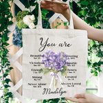 Personalized Birth Flower Bouquet Bible Verse Canvas Tote Bag with Name Inspirational Christmas Birthday Christian Gift for Women