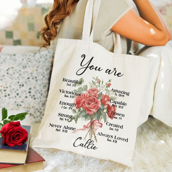 Personalized Birth Flower Bouquet Bible Verse Canvas Tote Bag with Name Inspirational Christmas Birthday Christian Gift for Women