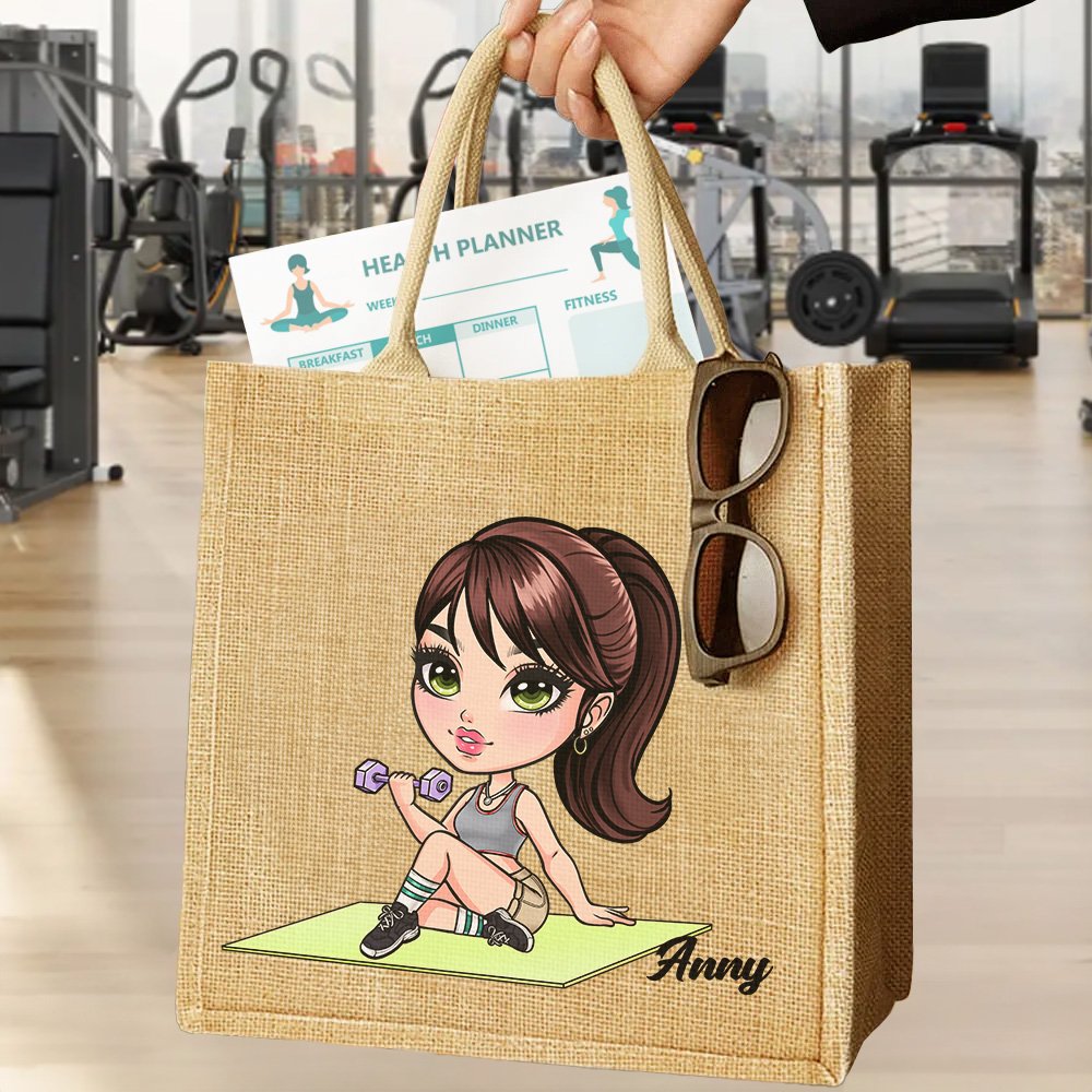 Personalizzato Cartoon Sport Girl Grande borsa in iuta con nome Palestra Allenamento Regalo di compleanno per gli amanti dello sport 5