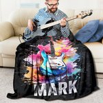 Personalised Multicolour Splash Ink Electric Guitar Soft Throw Blanket with Name Music Room Decor Gift for Guitar Player