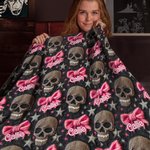 Personalized Gothic 3D Skulls Pink Coquette Bow Soft Throw Blanket with Name Home Decor Birthday Halloween Gift for Gothic Enthusiast