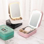 Personalized Cartoon Character Birth Flower Leather Jewelry Box with LED Three-color Makeup Mirror Travel Essential Birthday Gift for Women