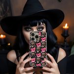 Personalizzato gotico 3D Teschi rosa Coquette Bow TPU Custodia per iPhone con nome Compleanno regalo di Halloween per gli appassionati di gotico