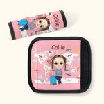 Personalized Set of 2 World Map Cartoon Character Luggage Handle Wraps with Name Birthday Christmas Travel Accessories Gift for Boys Girls