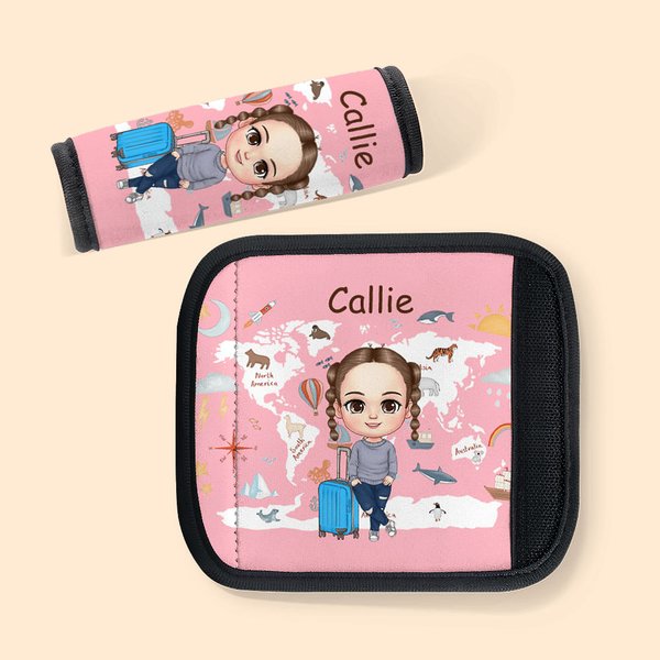 Personalized Set of 2 World Map Cartoon Character Luggage Handle Wraps with Name Birthday Christmas Travel Accessories Gift for Boys Girls