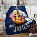 Personalised Multicolour Splash Ink Electric Guitar Soft Throw Blanket with Name Music Room Decor Gift for Guitar Player