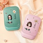 Personalized Cartoon Character Birth Flower Leather Jewelry Box with LED Three-color Makeup Mirror Travel Essential Birthday Gift for Women