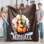 Personalised Multicolour Splash Ink Electric Guitar Soft Throw Blanket with Name Music Room Decor Gift for Guitar Player