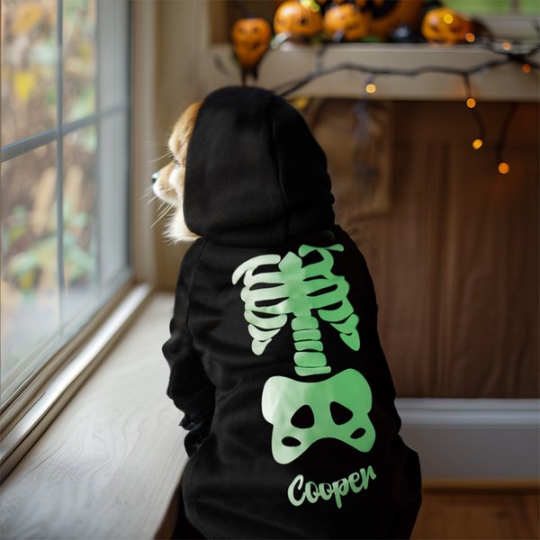 Personalisierte leuchtende Skelettknochen warme weiche Hundekatze Hoodie mit Namen für alle Rasse niedlich Haustier Party Festival Kostüm Geburtstag H