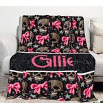 Personalized Gothic 3D Skulls Pink Coquette Bow Soft Throw Blanket with Name Home Decor Birthday Halloween Gift for Gothic Enthusiast