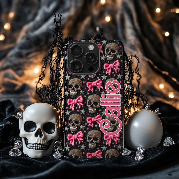 Personalizzato gotico 3D Teschi rosa Coquette Bow TPU Custodia per iPhone con nome Compleanno regalo di Halloween per gli appassionati di gotico