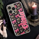 Personalizzato gotico 3D Teschi rosa Coquette Bow TPU Custodia per iPhone con nome Compleanno regalo di Halloween per gli appassionati di gotico