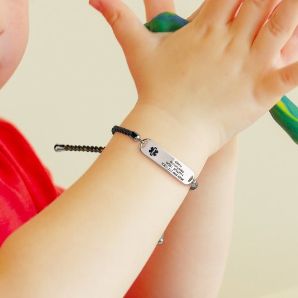 Personalised Adjustable Colourful Braided Cord Medical Emergency Alert ID Bracelet with Engraved Star of Life and Text Gift for Allergy Autism Kids
