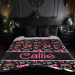 Personalized Gothic 3D Skulls Pink Coquette Bow Soft Throw Blanket with Name Home Decor Birthday Halloween Gift for Gothic Enthusiast