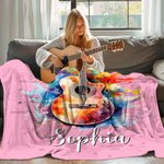 Personalised Multicolour Splash Ink Electric Guitar Soft Throw Blanket with Name Music Room Decor Gift for Guitar Player