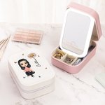Personalized Cartoon Character Birth Flower Leather Jewelry Box with LED Three-color Makeup Mirror Travel Essential Birthday Gift for Women