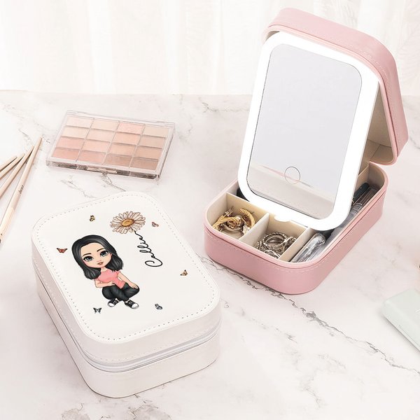 Gepersonaliseerde cartoonfiguur geboortebloem lederen sieraden doos met LED driekleur make-up spiegel reizen essentieel verjaardagscadeau voor vrouwen