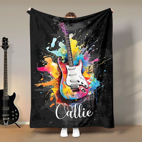 Personalised Multicolour Splash Ink Electric Guitar Soft Throw Blanket with Name Music Room Decor Gift for Guitar Player