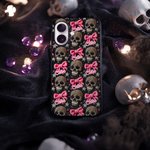 Personalizzato gotico 3D Teschi rosa Coquette Bow TPU Custodia per iPhone con nome Compleanno regalo di Halloween per gli appassionati di gotico