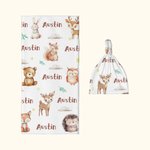 Personalised Bear Squirrel Woodland Animal Swaddle Blanket and Hat Set with Name Birthday Baby Shower Gift for Newborn Kids