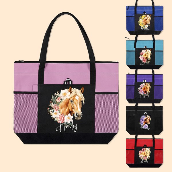 Personalized Birth Flower Horse Birthmark Name Large Tote Bag with Zipper Birthday Christmas Gift for Women Horse Lovers