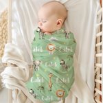 Personalised Jungle Safari Animal Swaddle Blanket and Hat Set with Name Birthday Baby Shower Gift for Newborn Kids