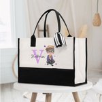 Personalised Cartoon Character Butterfly Canvas Tote Bag with Initial and Name Retirement Birthday Gift for Grandma Mom Senior Woman