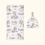 Couverture et bonnet d'emmaillotage de licorne fantaisie personnalisés avec nom Cadeau de douche d'anniversaire pour nouveau-né enfant