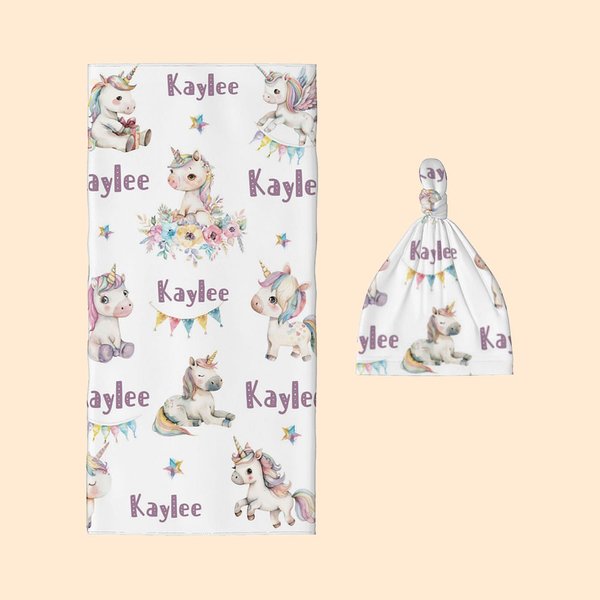 Couverture et bonnet d'emmaillotage de licorne fantaisie personnalisés avec nom Cadeau de douche d'anniversaire pour nouveau-né enfant