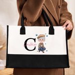 Personalised Cartoon Character Butterfly Canvas Tote Bag with Initial and Name Retirement Birthday Gift for Grandma Mom Senior Woman