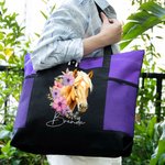 Personalised Birth Flower Horse Birthmark Name Large Tote Bag with Zipper Birthday Christmas Gift for Women Horse Lovers