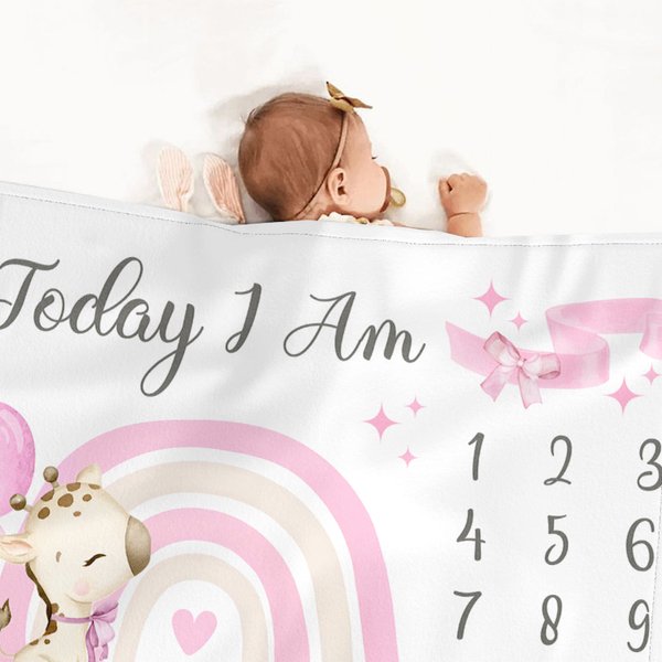 Spersonalizowany miękki kocyk z imieniem i nazwiskiem na baby shower dla noworodka z kokardą i kamieniem milowym w kształcie żyrafy