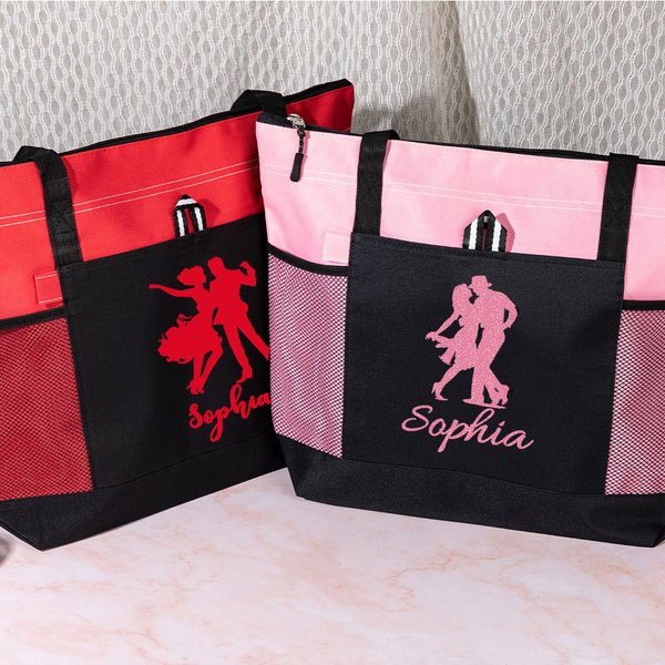 Personalisierte Multicolor Glitter Ballroom Dancing Silhouette Name Zippered Tote Bag mit Mesh-Tasche Geburtstag Geschenk für Frauen Tänzerin Tanz-Enthusiast
