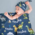 Personalised Cute Dinosaur Swaddle Blanket and Hat Set with Name Birthday Baby Shower Gift for Newborn Kids