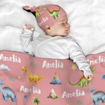 Personalised Cute Dinosaur Swaddle Blanket and Hat Set with Name Birthday Baby Shower Gift for Newborn Kids