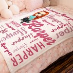 Manta suave personalizada con personaje de dibujos animados y nube de palabras colorida para el hogar y regalo de cumpleaños para niños y familia