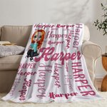 Manta suave personalizada con personaje de dibujos animados y nube de palabras colorida para el hogar y regalo de cumpleaños para niños y familia