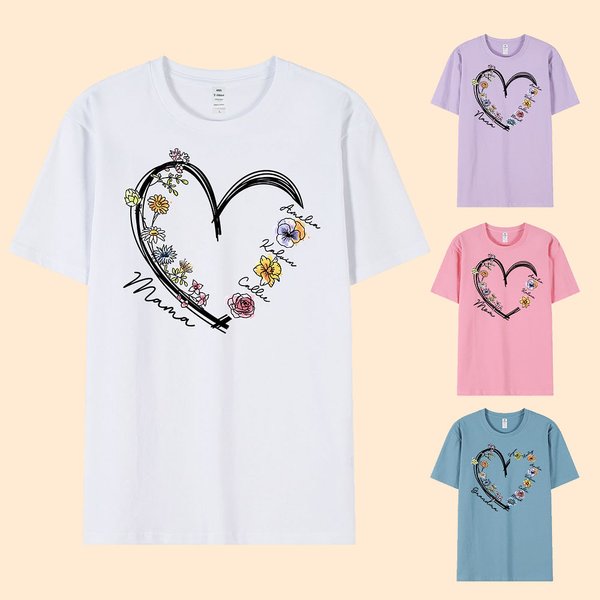 Personlig hjerte akvarell fødsel blomst Crewneck T-skjorte med 1-6 barnas navn Bursdag morsdagsgave til mamma bestemor