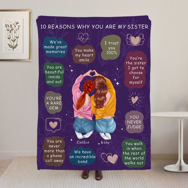 Personalizzato 10 ragioni per cui sei mia sorella Coperta morbida con nome Compleanno Natale Anniversario regalo per sorelle Besties
