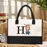 Personalised Cartoon Character Butterfly Canvas Tote Bag with Initial and Name Retirement Birthday Gift for Grandma Mom Senior Woman