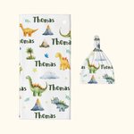Personalised Cute Dinosaur Swaddle Blanket and Hat Set with Name Birthday Baby Shower Gift for Newborn Kids