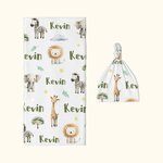 Personalised Jungle Safari Animal Swaddle Blanket and Hat Set with Name Birthday Baby Shower Gift for Newborn Kids