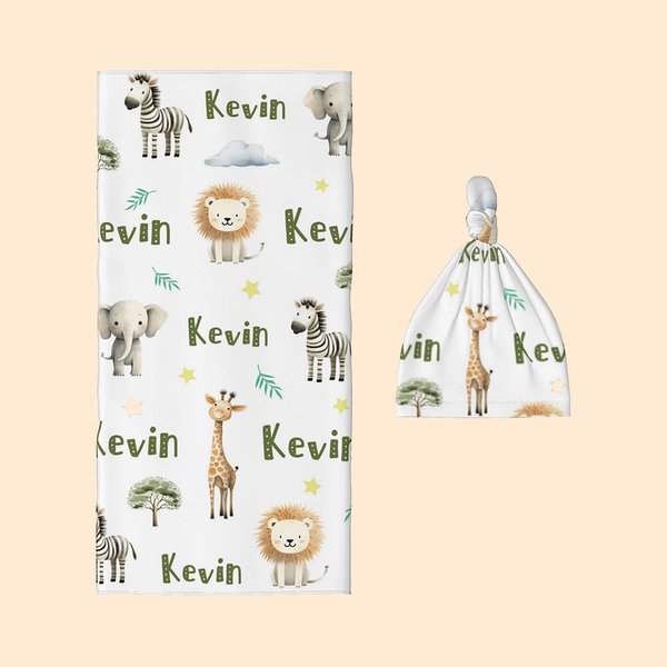 Personalised Jungle Safari Animal Swaddle Blanket and Hat Set with Name Birthday Baby Shower Gift for Newborn Kids