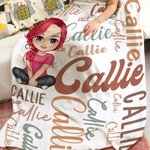 Manta suave personalizada con personaje de dibujos animados y nube de palabras colorida para el hogar y regalo de cumpleaños para niños y familia