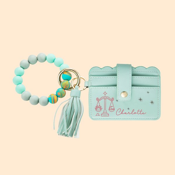 Personalised Leather Card Holder with Hand-drawn Style Zodiac Sign and Name Portable Tassel Bead Bracelet Birthday Anniversary Gift for Women